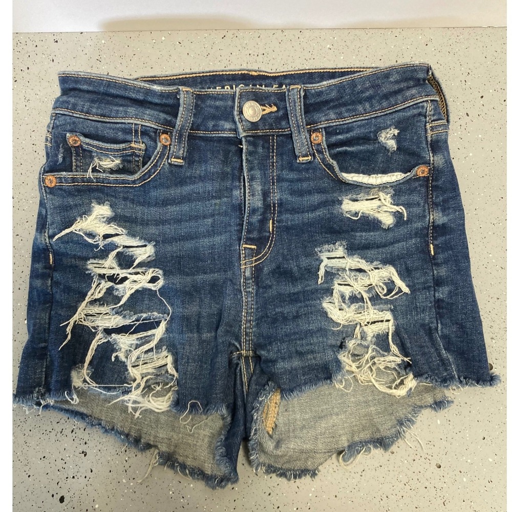 American Eagle High Rise Shortie Distressed Denim Shorts Dark Wash Sz 00